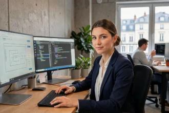 Développeuse web dans une agence numérique du Puy-de-Dôme travaillant sur des maquettes de sites internet