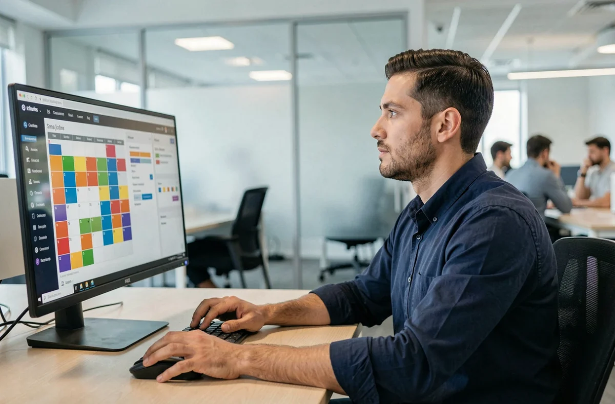 Homme au bureau utilisant un logiciel d'agenda en ligne sur un grand écran dans un open space moderne
