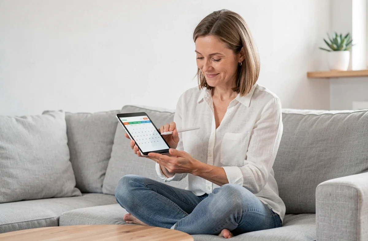 Femme utilisant une tablette pour organiser son agenda numérique hebdomadaire dans un salon scandinave