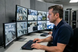 Agent de sécurité surveillant des caméras de vidéosurveillance à distance depuis un centre de contrôle avec plusieurs écrans