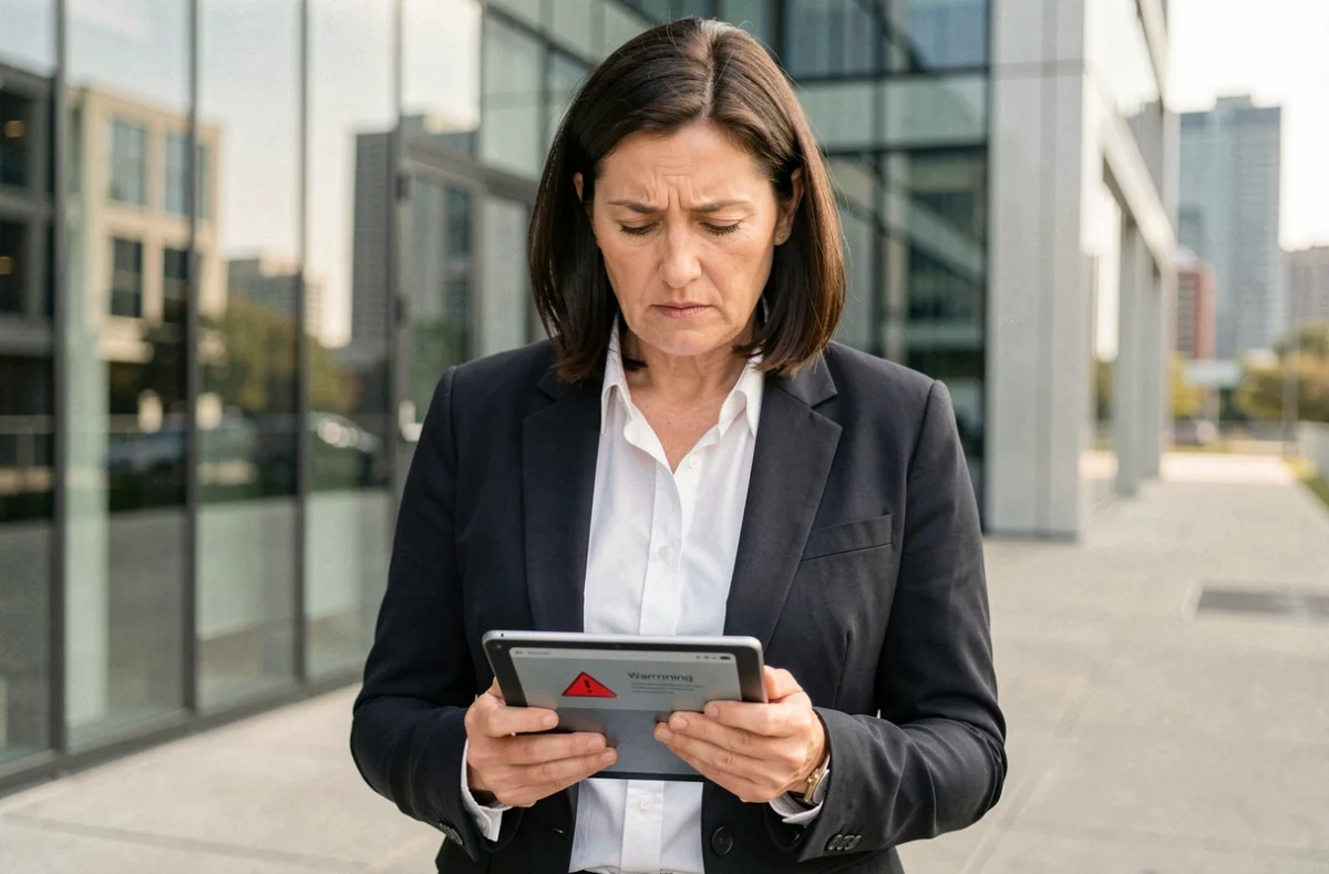 Femme cadre consultant une alerte de sécurité sur tablette devant un immeuble de bureaux moderne en ville