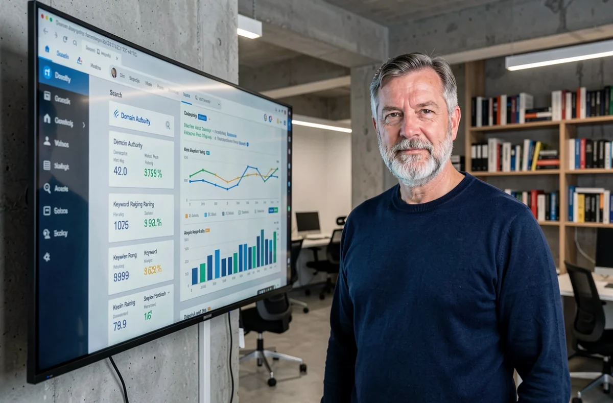 Expert SEO analysant les métriques d'autorité de domaine sur un grand écran dans une agence digitale