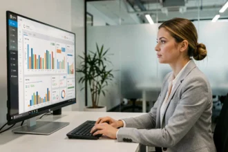 Femme professionnelle analysant un tableau de bord de publicité en ligne sur un grand écran dans un bureau moderne
