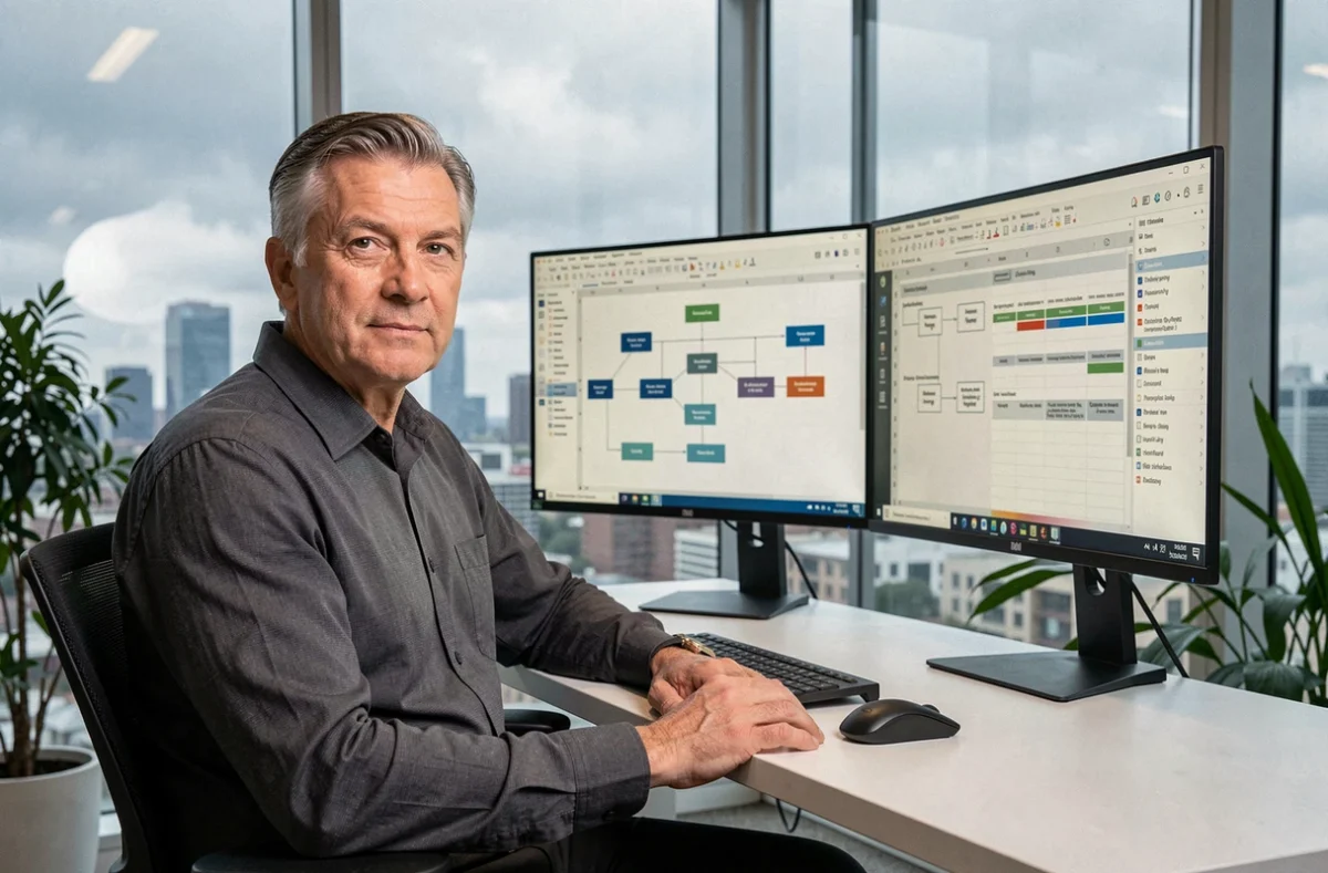 Homme analysant des données sur deux écrans dans un bureau technologique moderne