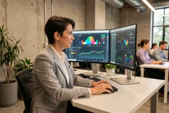 Développeuse web analysant les métriques de performance d'un site sur deux écrans dans un open space moderne