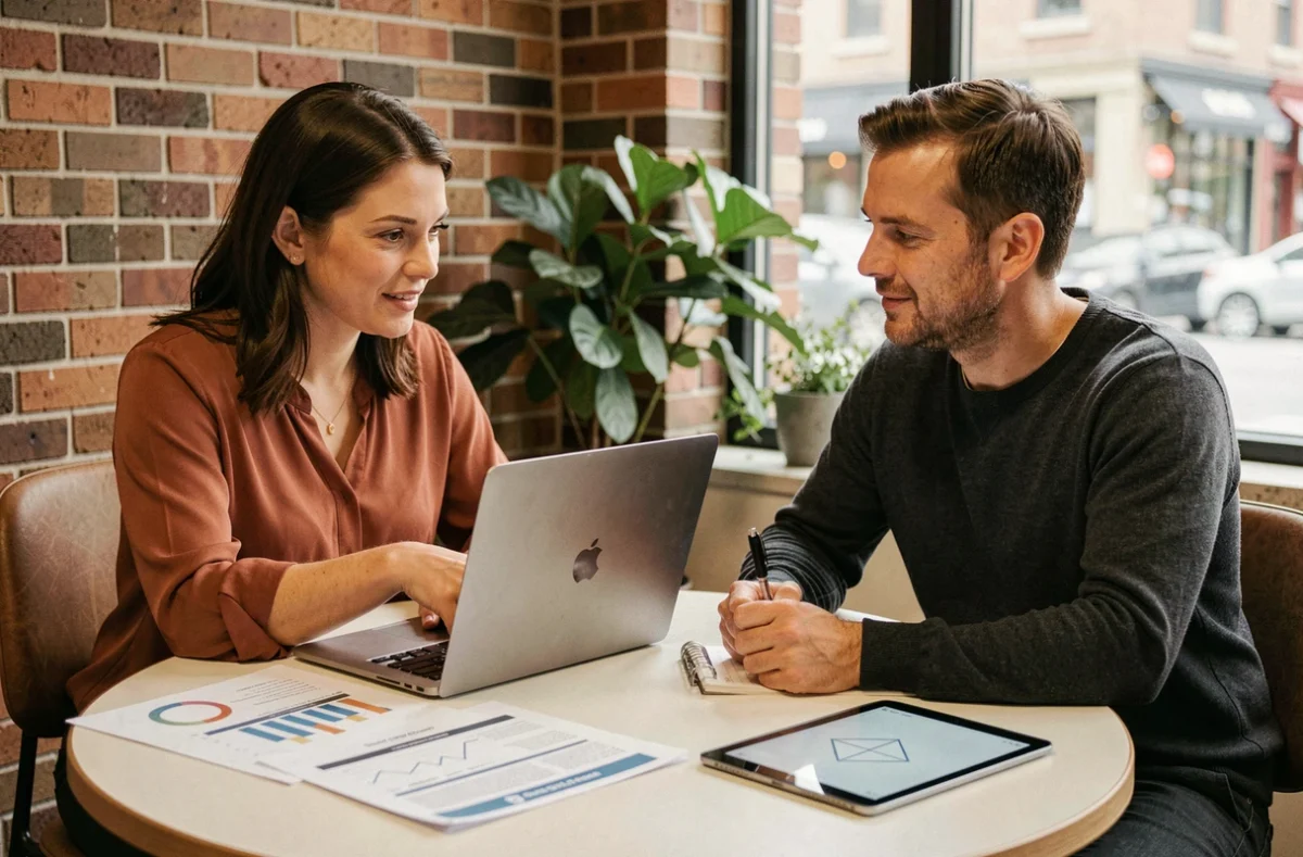 Deux professionnels analysant des rapports d'analyse et un schéma de stratégie digitale sur tablette dans un espace de co-working avec murs en briques