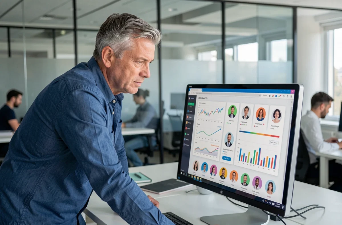 Professionnel analysant des données de ciblage publicitaire sur un tableau de bord numérique en entreprise