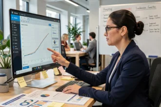 Femme analyste en bureau moderne étudiant un graphique de longue traîne sur écran avec des rapports marketing