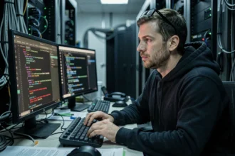 Analyste en cybersécurité scrutant des alertes de faille de sécurité sur ses écrans dans une salle serveur