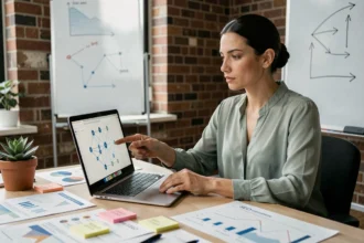 Analyste SEO féminine étudiant une stratégie de backlinks sur un ordinateur portable dans un bureau moderne