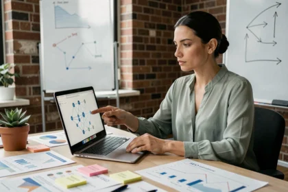 Analyste SEO féminine étudiant une stratégie de backlinks sur un ordinateur portable dans un bureau moderne