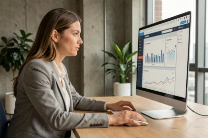 Femme analyste web examinant un tableau de bord SEO sur un écran d'ordinateur dans un bureau moderne