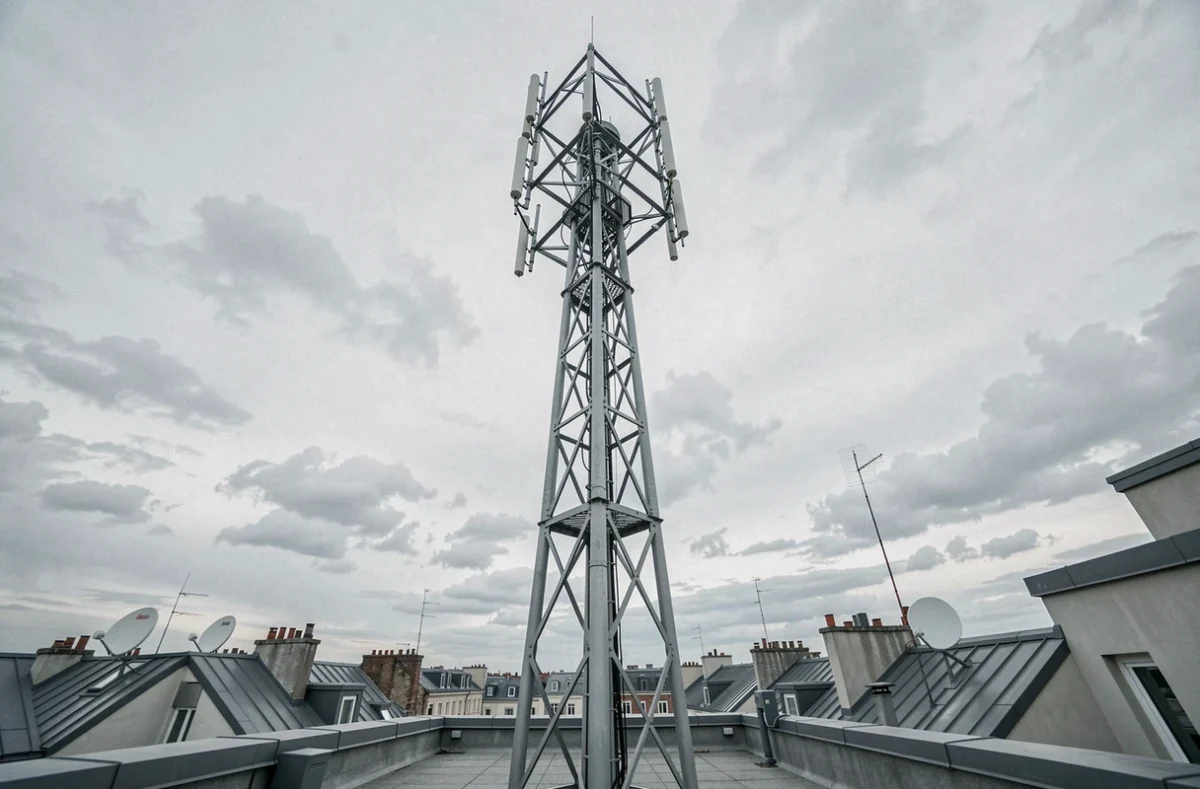 Antenne 5G installée sur un toit en milieu urbain européen vue en contre-plongée