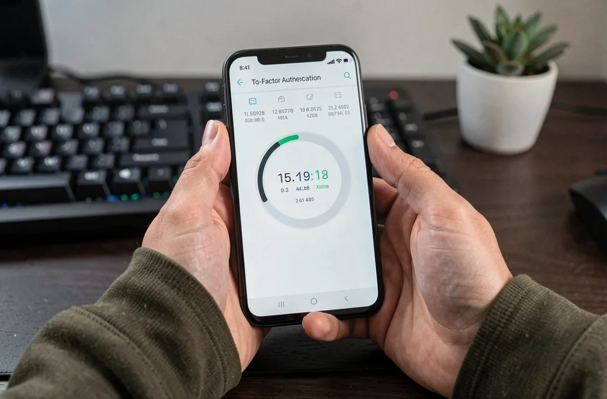 Gros plan de mains tenant un smartphone affichant une application d'authentification à deux facteurs avec un code temporaire