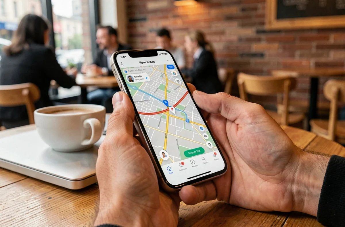 Gros plan sur un smartphone affichant l'application Yango de transport avec une carte urbaine dans un café moderne