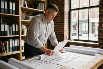 Architecte examinant un permis de construire sur une table de travail avec des plans et documents officiels