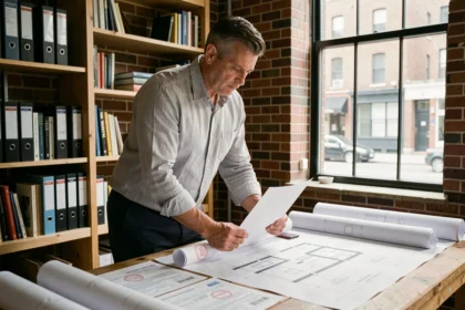 Architecte examinant un permis de construire sur une table de travail avec des plans et documents officiels