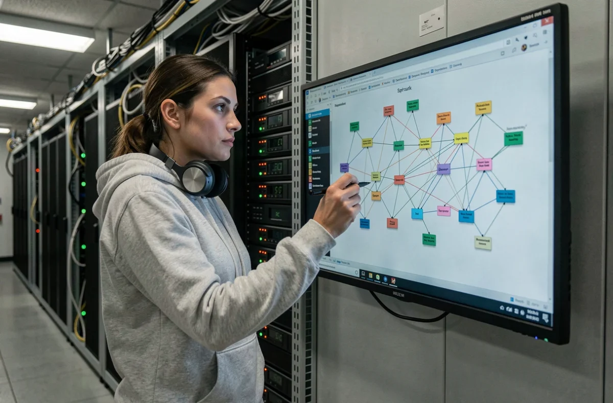 Ingénieure analysant un diagramme réseau lors d'un audit technique en salle serveur