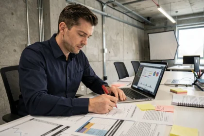 Professionnel IT réalisant un audit technique sur ordinateur avec rapports imprimés et annotations
