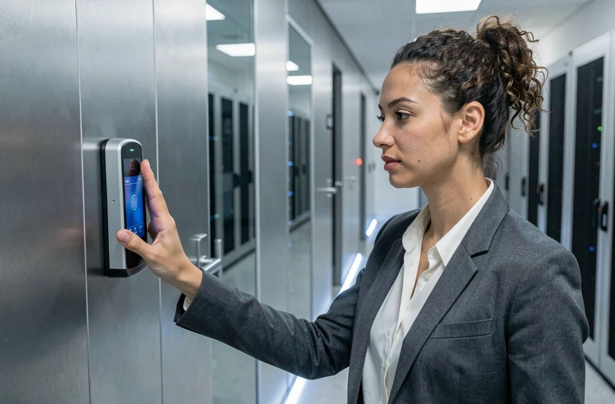 Femme s'authentifiant par scanner biométrique devant une salle de serveurs sécurisée illustrant le principe Zero Trust