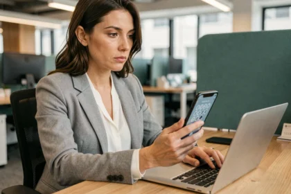 Femme au bureau utilisant l'authentification à deux facteurs sur son smartphone pour sécuriser son compte professionnel