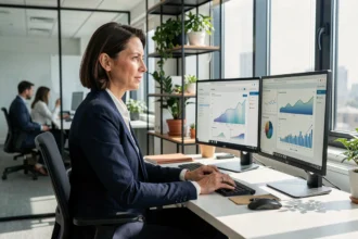 Professionnelle analysant des tableaux de bord d'automatisation marketing sur deux écrans dans un bureau moderne