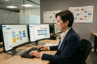 Administratrice de sécurité informatique gérant des certificats numériques sur un tableau de bord PKI dans un bureau d'entreprise moderne