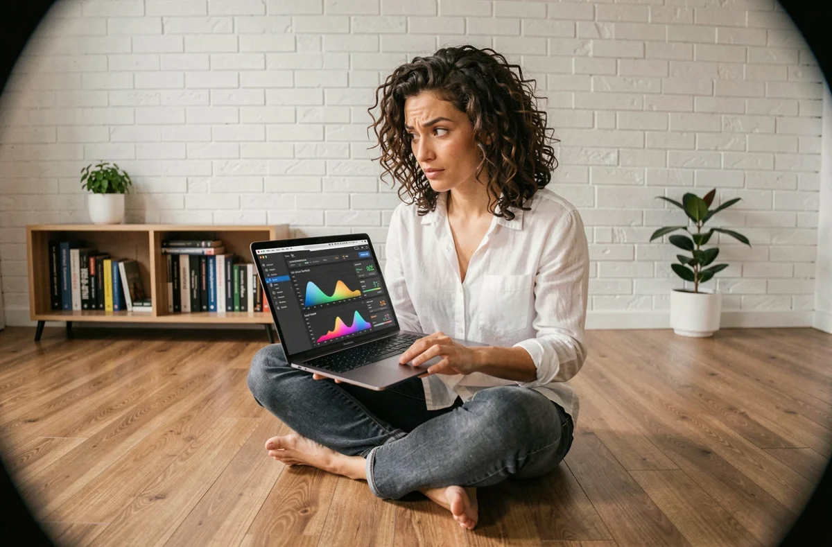 Femme analysant les benchmarks macOS sur son ordinateur portable dans un bureau minimaliste à domicile