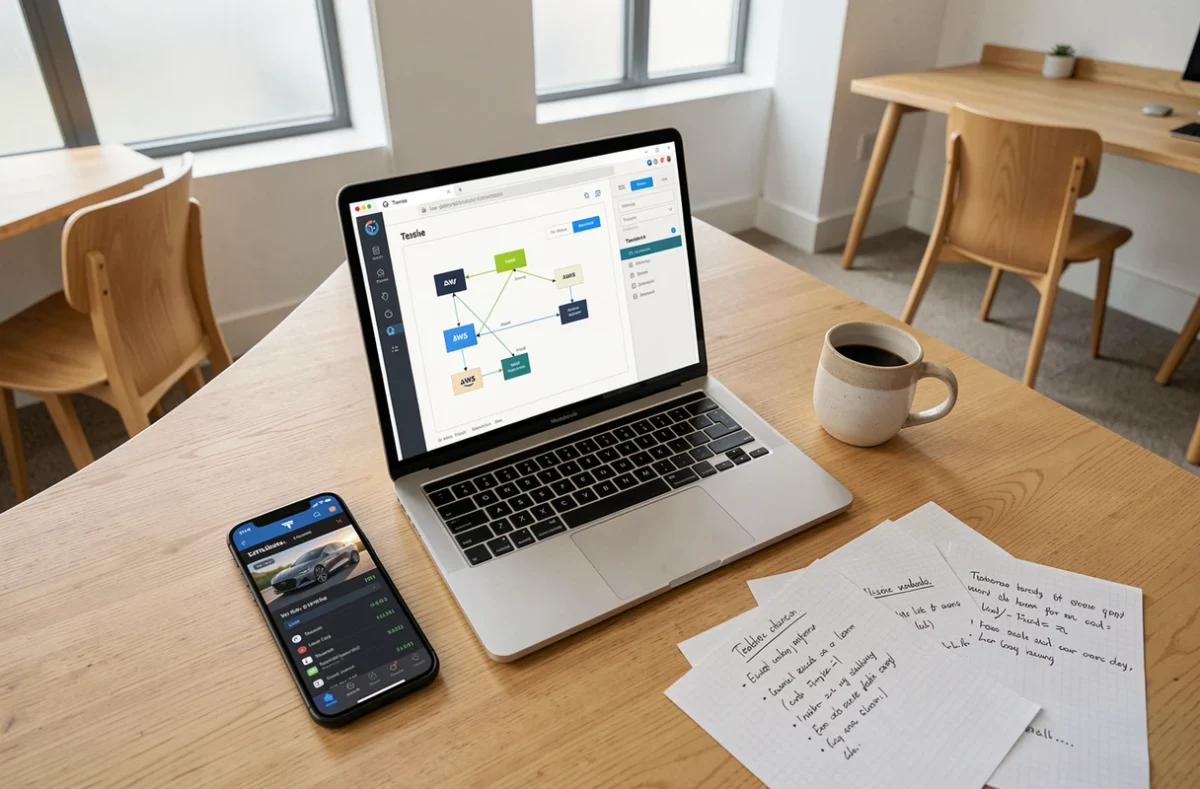 Vue aérienne d'un bureau minimaliste avec un ordinateur portable affichant l'architecture cloud de Tesla, un smartphone et des notes techniques manuscrites
