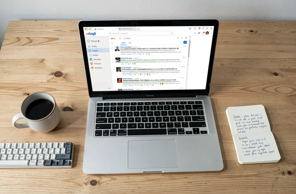 Vue aérienne d'un bureau avec un ordinateur portable affichant des flux RSS convertis en emails