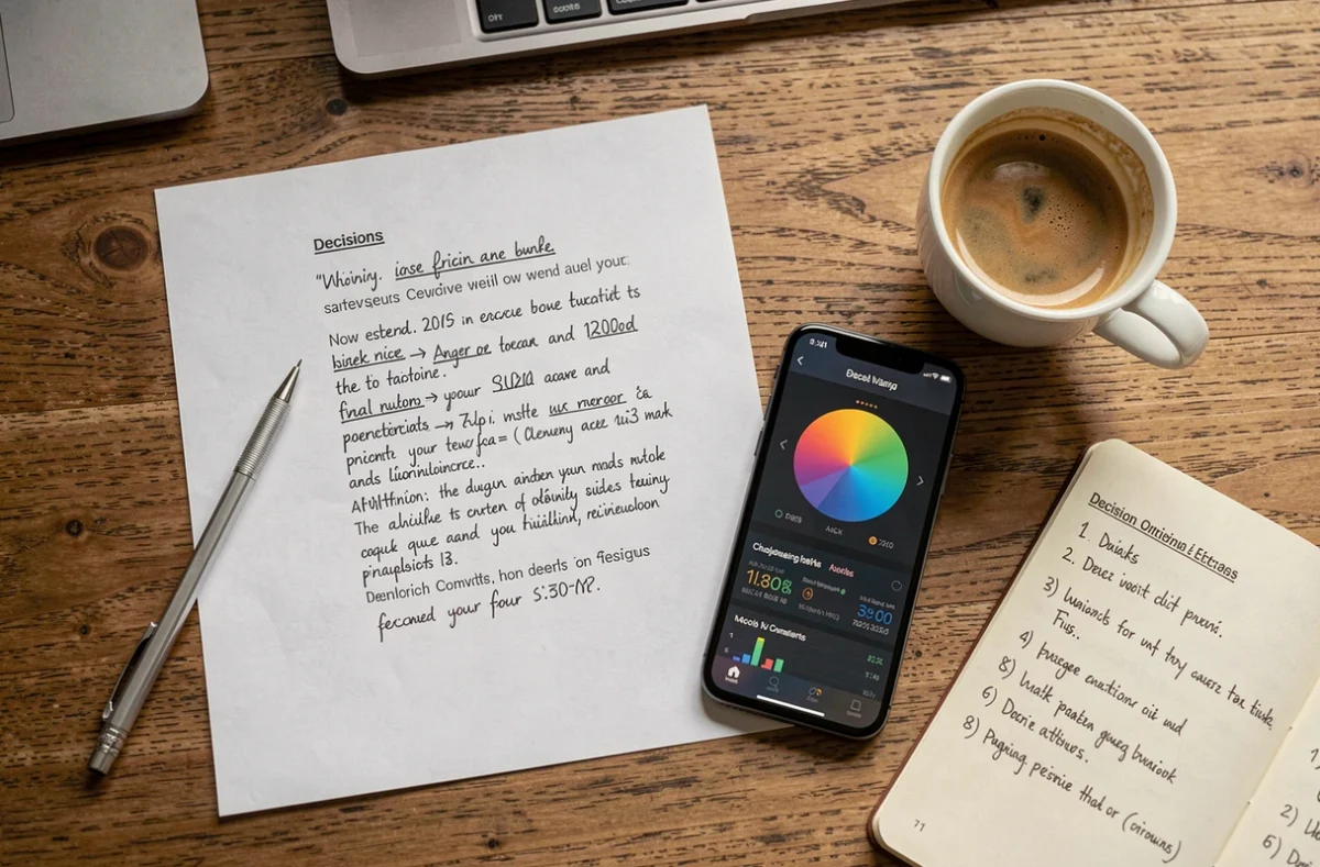 Vue de dessus d'un bureau avec documents annotés et visualisation de données algorithmiques sur smartphone