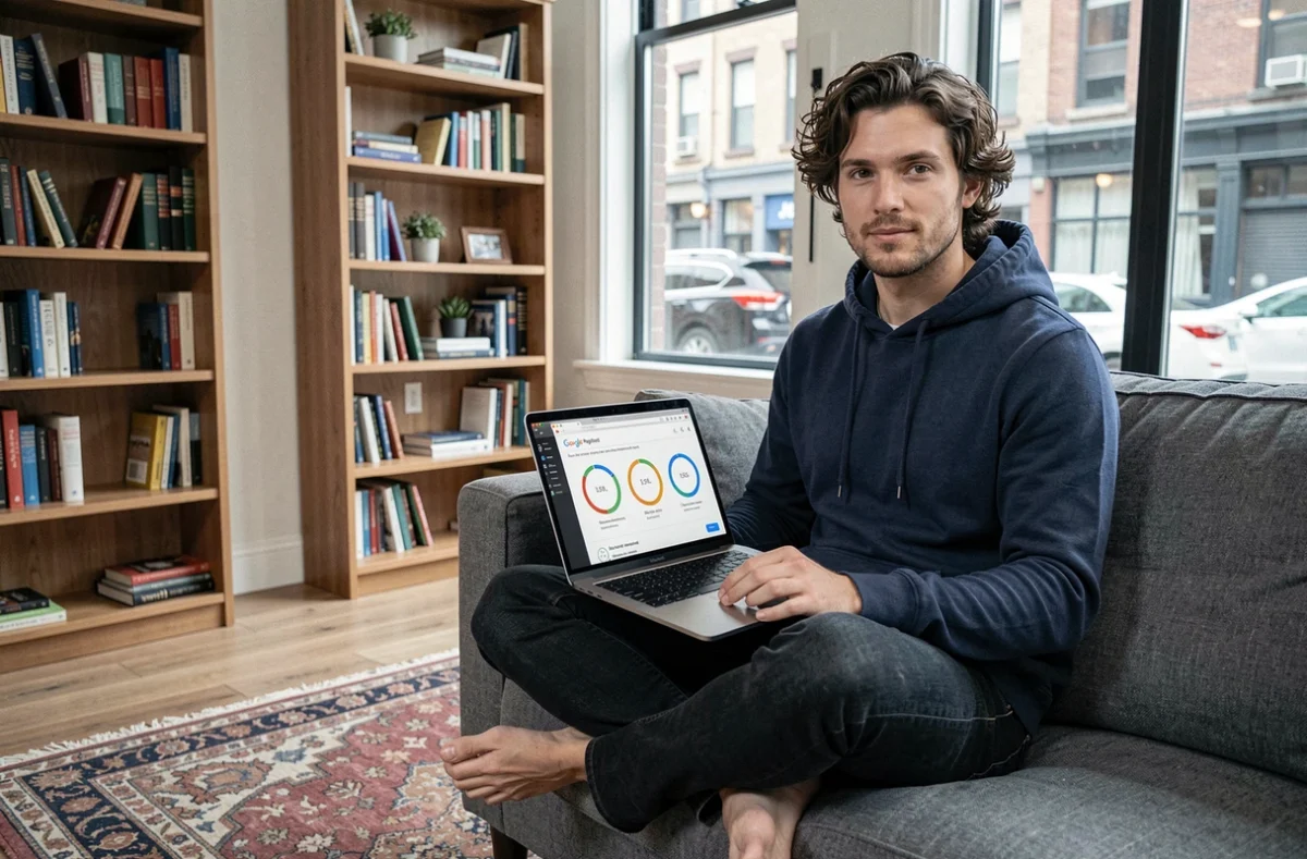 Développeur indépendant consultant un rapport PageSpeed Insights sur son ordinateur portable depuis son bureau à domicile