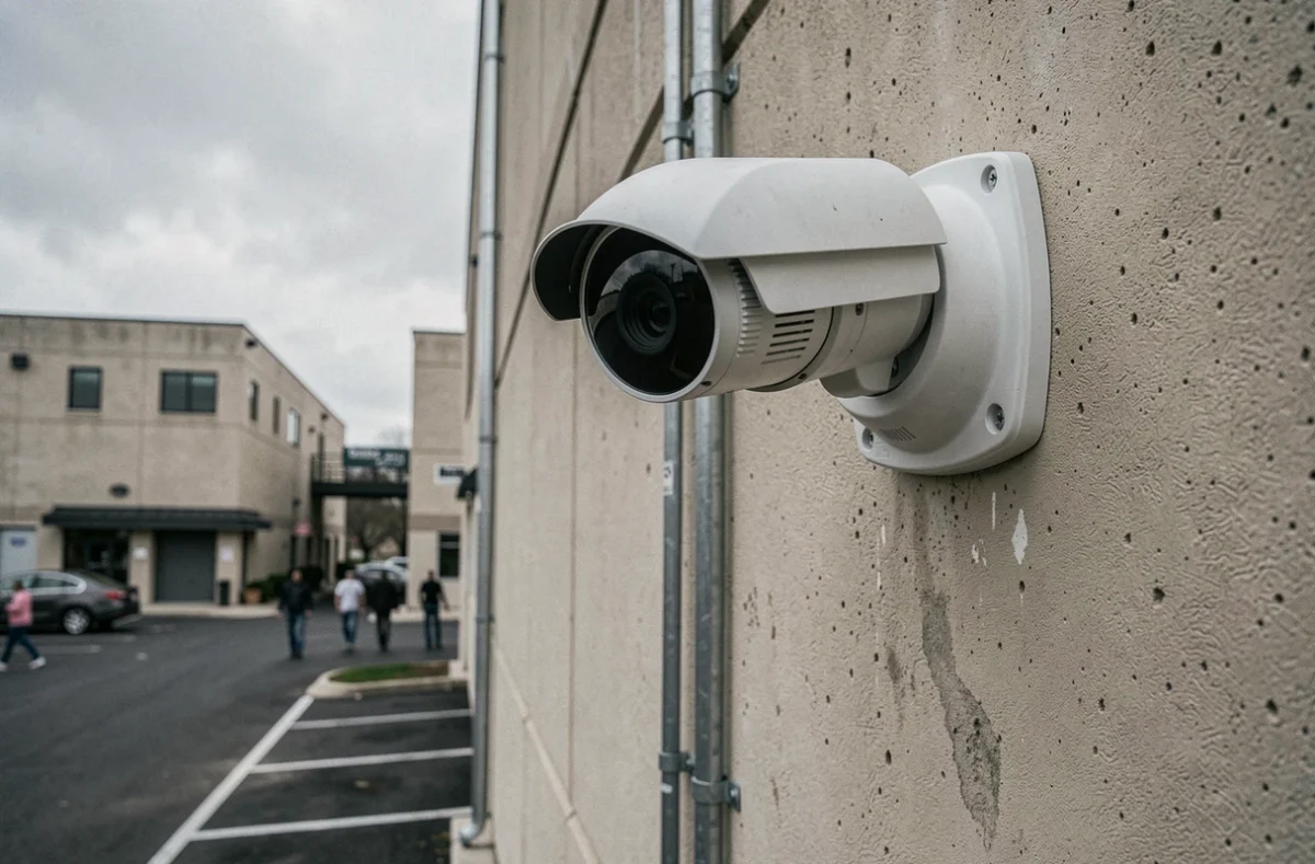 Caméra de vidéosurveillance dôme installée sur un mur extérieur d'un bâtiment commercial en milieu urbain