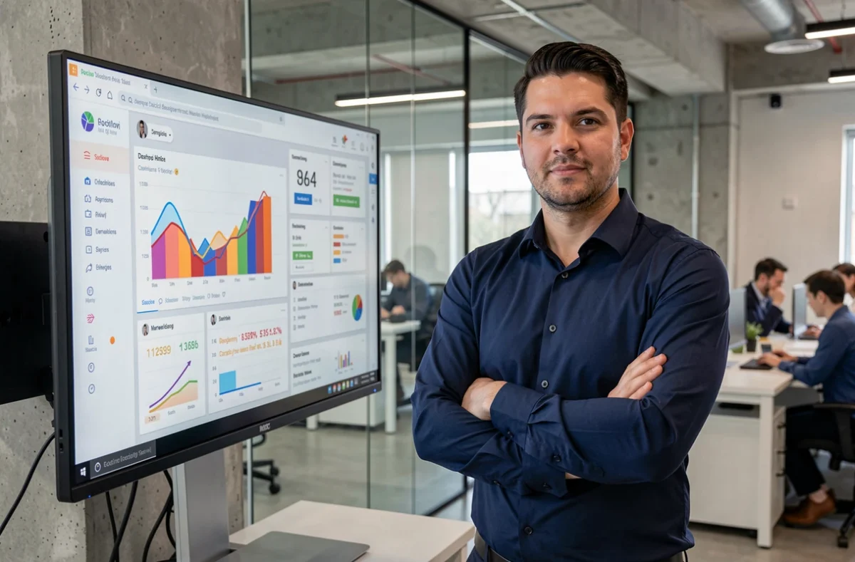 Professionnel du marketing digital analysant une campagne publicitaire sur les réseaux sociaux devant un grand écran