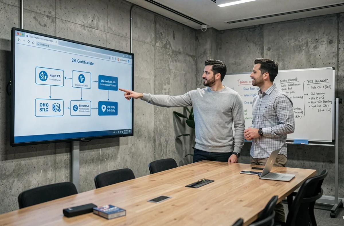 Deux ingénieurs informatiques analysant un schéma de chaîne de certificats SSL et d'autorité de certification dans une salle de réunion tech