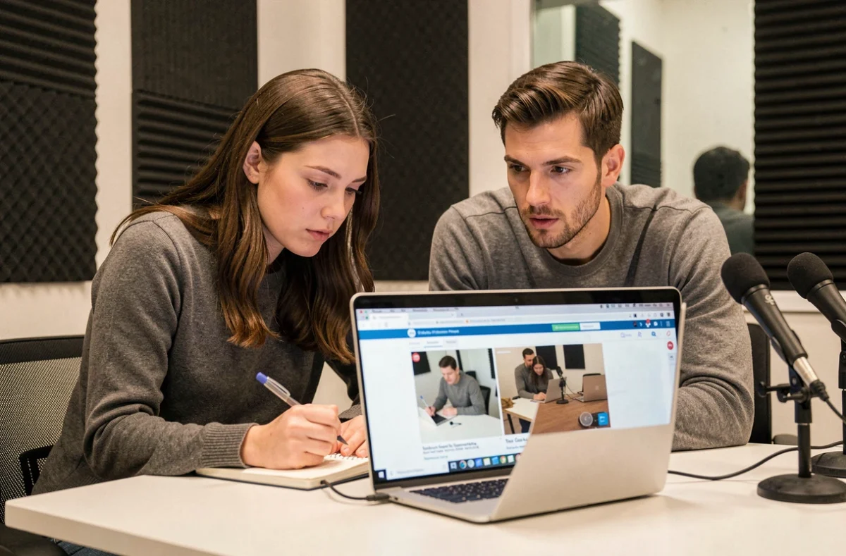 Deux chercheurs UX analysant une session de test utilisateur dans une salle d'observation professionnelle