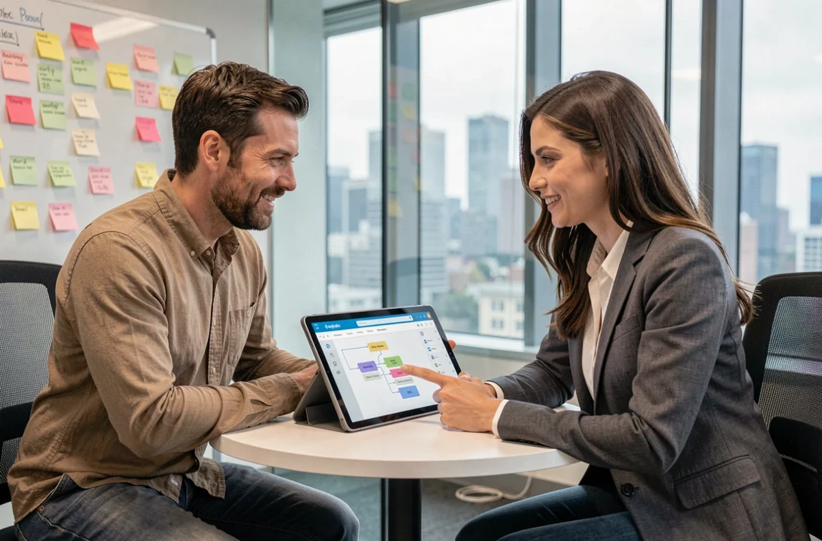 Deux professionnels collaborant sur un product builder no code avec une tablette dans une salle de réunion de startup