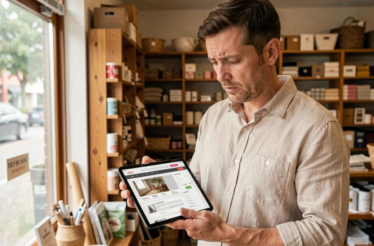 Propriétaire de commerce consultant un site Wix mal optimisé sur tablette, illustrant les problèmes de performance mobile