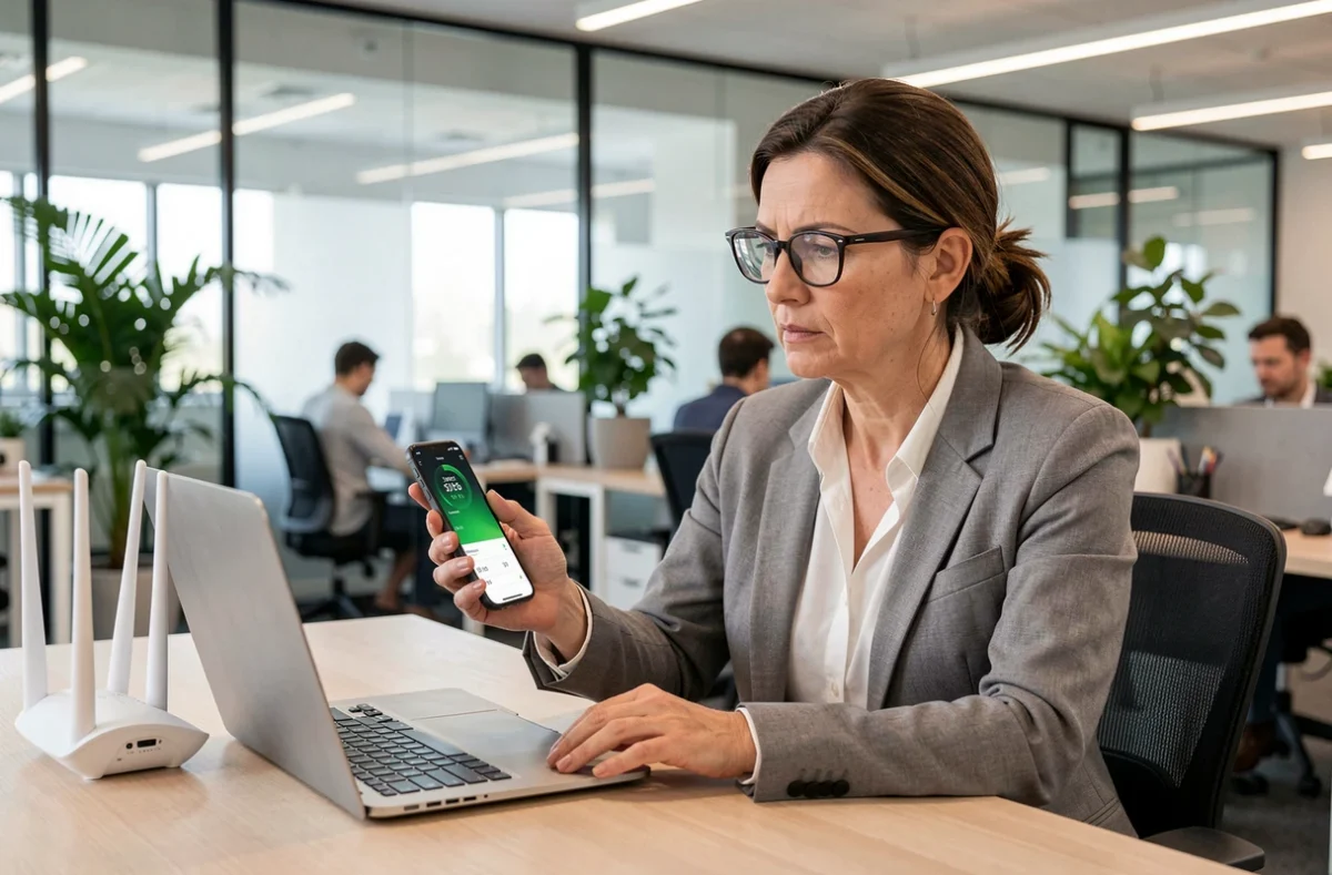 Femme d'affaires comparant la 5G et la fibre optique sur smartphone et ordinateur portable au bureau