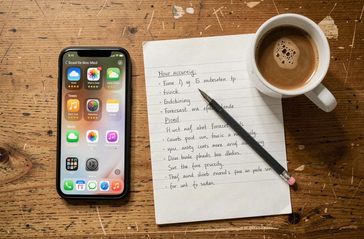 Comparaison d'applications météo sur smartphone posé sur un bureau avec carnet de notes manuscrites
