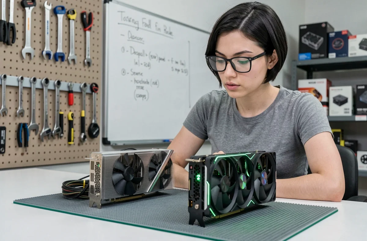 Technicienne comparant deux cartes graphiques haute gamme sur un établi de laboratoire informatique professionnel