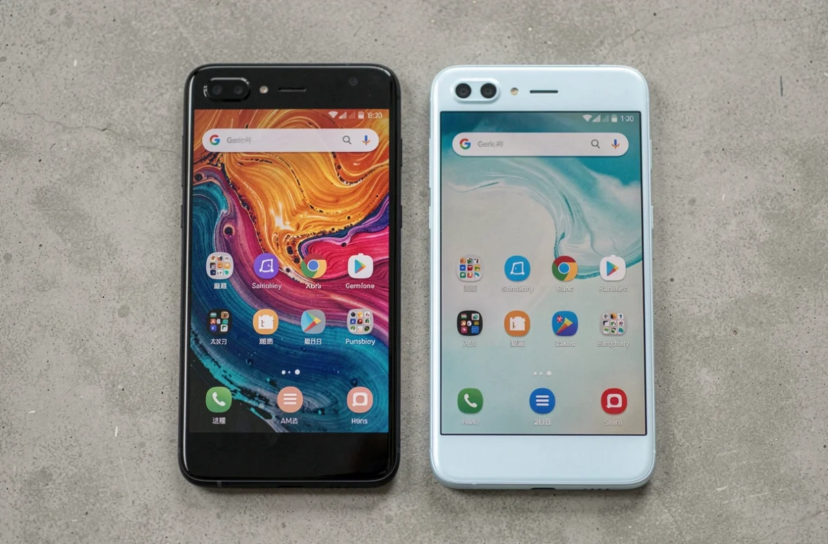 Deux smartphones Samsung Galaxy série A en coloris différents posés côte à côte sur béton