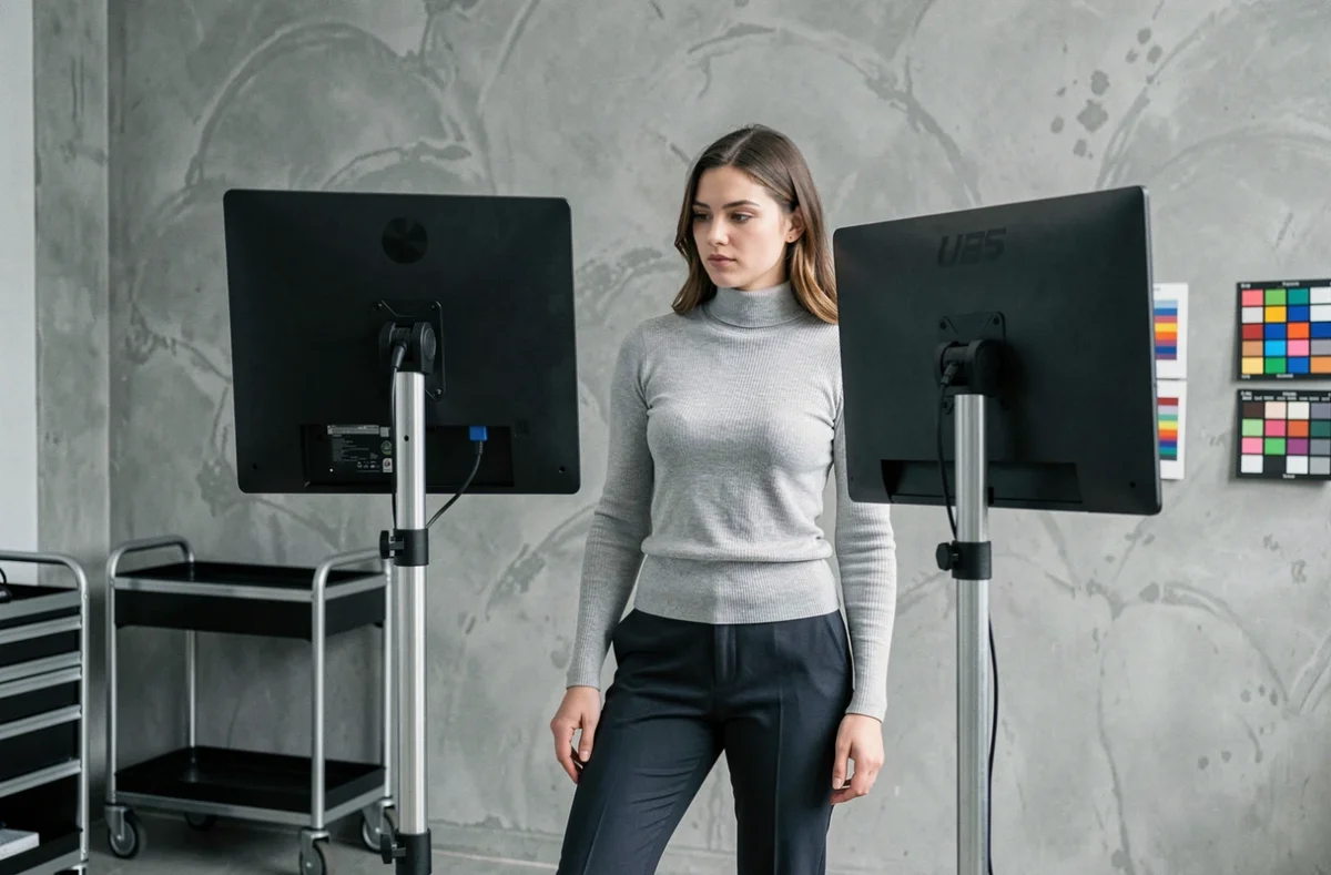 Femme comparant deux écrans OLED professionnels dans un studio de photographie spécialisé
