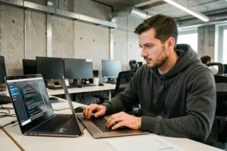 Développeur comparant les performances de Windows et Linux sur deux laptops dans un bureau tech moderne