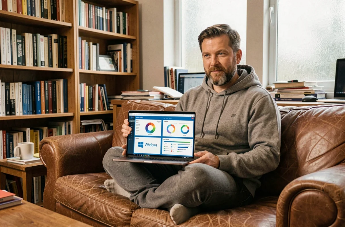 Homme comparant la sécurité de Linux, Windows et macOS sur un ordinateur portable dans un bureau à domicile