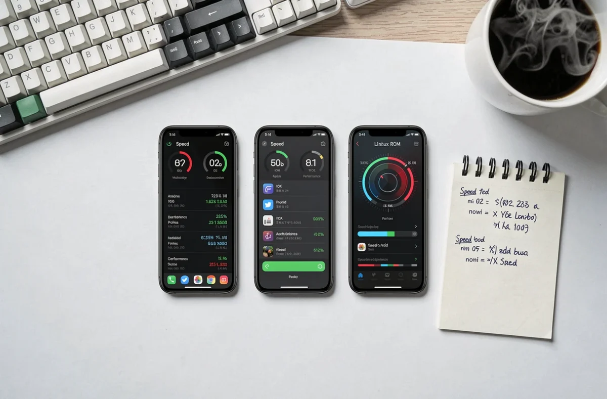 Comparaison de vitesse de démarrage entre Android, iOS et Linux sur trois smartphones posés sur un bureau