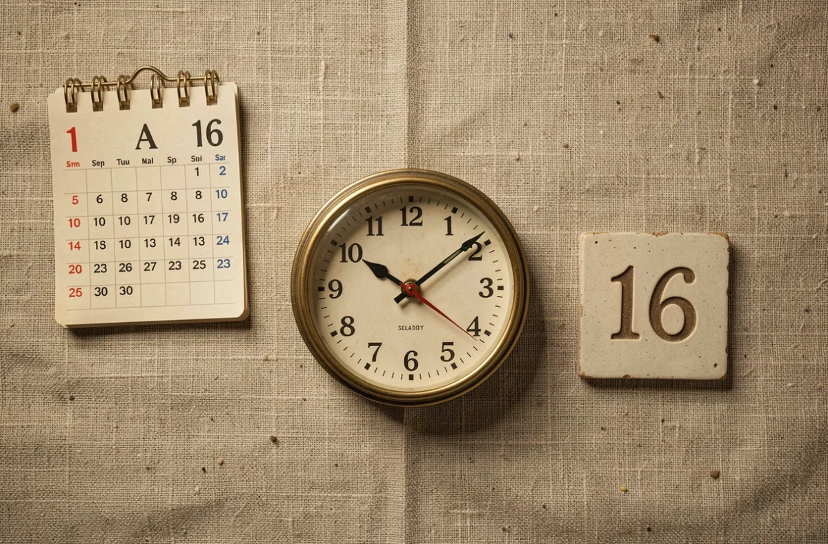 Composition à plat d'objets évoquant le nombre 16 : calendrier, horloge et carrelage vintage sur lin naturel