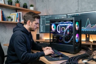 Ingénieur informatique analysant les composants internes d'un PC haute performance avec refroidissement liquide dans un bureau moderne