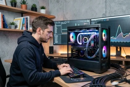 Ingénieur informatique analysant les composants internes d'un PC haute performance avec refroidissement liquide dans un bureau moderne