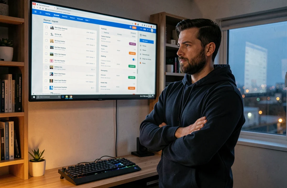 Consultant SEO masculin analysant un tableau de bord de référencement naturel face à un outil d'analyse de contenu par intelligence artificielle